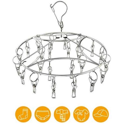 NILWL Stainless Steel Metal 20 Clips Drying Hanger Rack for Hanging Underwear, Bra, Baby Clothes, Diapers, Towel, Hat, Scarf, Gloves (Round 20 Clips)