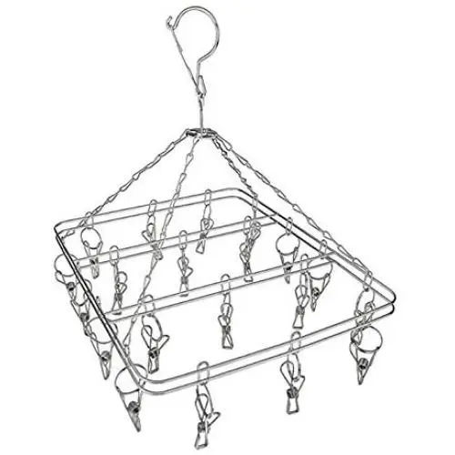 Two Layers Thick Stainless Steel Clothes Drying Rack Hanger Laundry Clothesline Hanging Rack Metal Clothespins with 20 Wire Clips for Socks Towels Underwear (Rectangle)