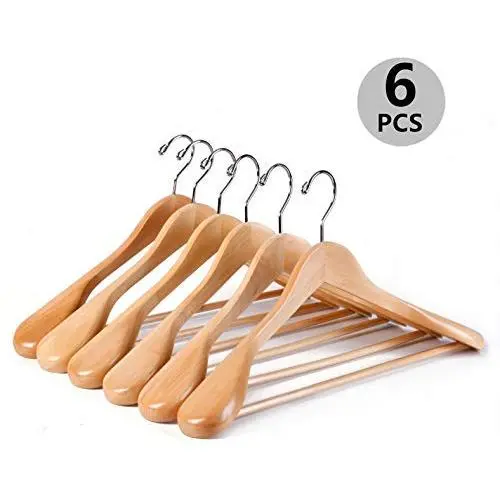 Better to U Deluxe Curved Solid Wooden Coat Clothes Hanger Suit Hanger Jacket Hanger with Sturdy Non-Slip Bar Wide Shoulder Hangers, Natural Smooth Finished (6 Pack)