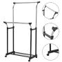 K&A Company Rack Double Adjustable Rolling Hanger Garment Rail Shoe Clothes Shelf Organizer Portable W Clothing Shoes Rod Bar Row Silver