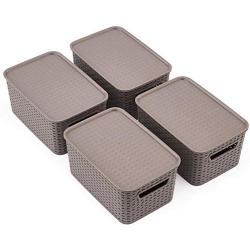 EZOWare Small Plastic Containers with Lid, Lidded Stackable Knit Shelf Storage Baskets Perfect for Storing Small Household Items - Gray, Pack of 4 (11 x 7.3 x 5.1 inch)