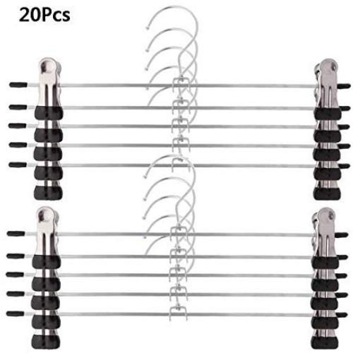 20 Pcs Stainless Steel Trouser Hanger Rack Coat Pants Skirt Hangers Clothes Stand Holder with 2 Adjustable Non-Slip Clips Random Color