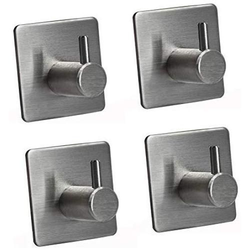 Sanibay Brushed Nickel Stainless Steel Adhesive Hooks Towel Hooks Bag Hat Clothes Hangers Wall Stick Hooks for Bathroom Bedroom Office Kitchen (4 Pieces)