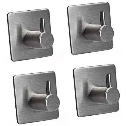 Sanibay Brushed Nickel Stainless Steel Adhesive Hooks Towel Hooks Bag Hat Clothes Hangers Wall Stick Hooks for Bathroom Bedroom Office Kitchen (4 Pieces)