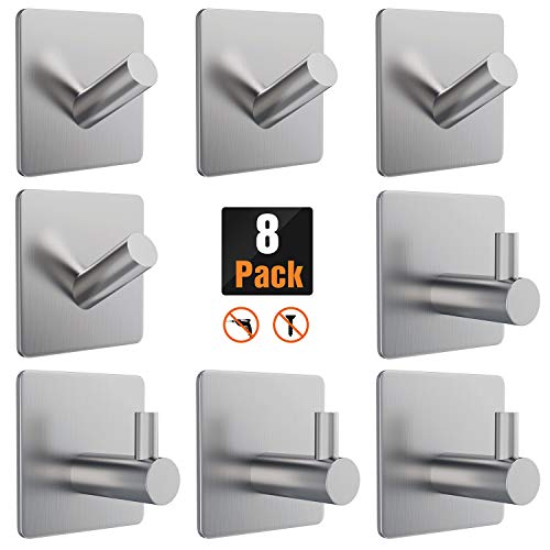 Ouddy Adhesive Hooks 8 Packs Heavy Duty Wall Hooks Hangers Waterproof Stainless Steel Towel Hooks for Hanging in Bathroom Home Kitchen Office Umbrellas, Scarves, Robes, Bags, Hats, Clothes, Keys