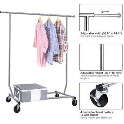 Camabel Clothing Garment Rack Heavy Duty Capacity 300 lbs Adjustable Rolling Commercial Grade Steel Extendable Hanger Drying Organizer Chrome Finish Storage Shelf With Wheels, Single Rod