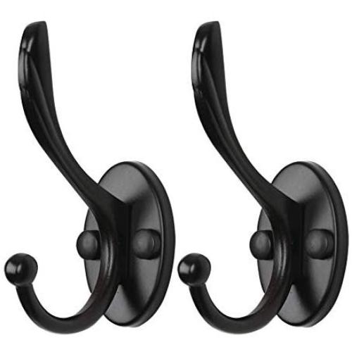 uxcell 2pcs Dual Wall Hooks Zinc Alloy Wall Mounted Coat Hat Double Robe Hooks Clothes Hanger Holder w Screws Black