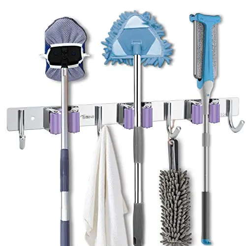 Tsmine Wall Mount Broom Mop Holder Heavy Duty Tool Hanger Stainless Steel Organizer for Home,Kitchen,Bathroom,Garage,Closet and Shed (3 Racks 4 Hooks)