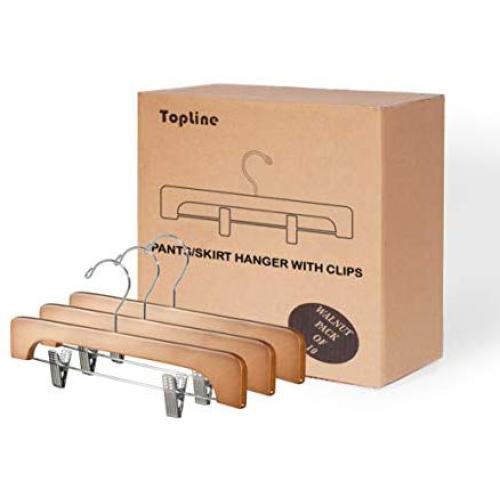 Topline Classic Wood Pants/Skirt Hanger with Adjustable Clips - Walnut Finish (10 Pack)