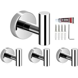 Polished Towel Hooks, 4 Pack Silver Upgrade Stainless Steel Bathroom Towel Hook with Installation Accessories, Strong Chrome Towel Hooks for Bathroom Kitchen Living Room Bedroom Office