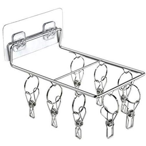 MEIYIN Stainless Steel Wall Mount Clothes Hanger Laundry Drying Rack with 8/10 Clips for Hat Sock Underwear Glove