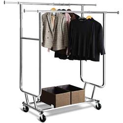 TomCare Garment Rack Double Clothes Racks Adjustable Clothing Rack Extensible Clothes Hanging Rack Commercial Grade Garment Rolling Racks for Hanging Heavy Duty Stainless Steel Garment Rack on Wheels