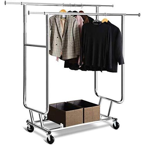 TomCare Garment Rack Double Clothes Racks Adjustable Clothing Rack Extensible Clothes Hanging Rack Commercial Grade Garment Rolling Racks for Hanging Heavy Duty Stainless Steel Garment Rack on Wheels