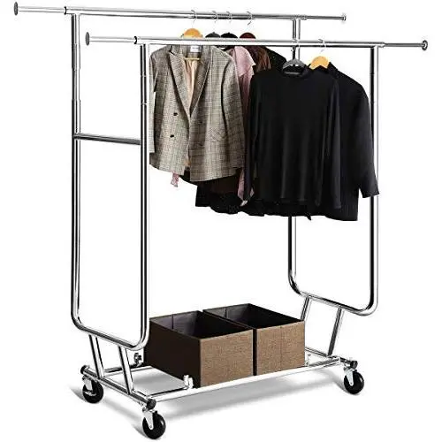TomCare Garment Rack Double Clothes Racks Adjustable Clothing Rack Extensible Clothes Hanging Rack Commercial Grade Garment Rolling Racks for Hanging Heavy Duty Stainless Steel Garment Rack on Wheels