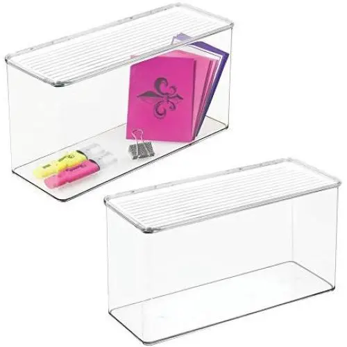 mDesign Long Plastic Holder Case Stackable Home, Office Supplies Storage Organizer Boxes with Attached Hinged Lid - Holder Bin for Note Pads, Gel Pens, Dry Erase Markers, Tape - 7" High, 2 Pack - Clear mDesign Long Plastic Holder Case Stackable Home, Office Supplies Storage Organizer Boxes with Attached Hinged Lid - Holder Bin for Note Pads, Gel Pens, Dry Erase Markers, Tape - 7" High, 2 Pack - Clear