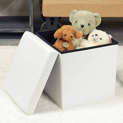 B FSOBEIIALEO Storage Ottoman, Faux Leather Ottomans Cube Footrest Foot Stool Folding Toy Box, White 15.7&quotx15.7&quotx15.7"