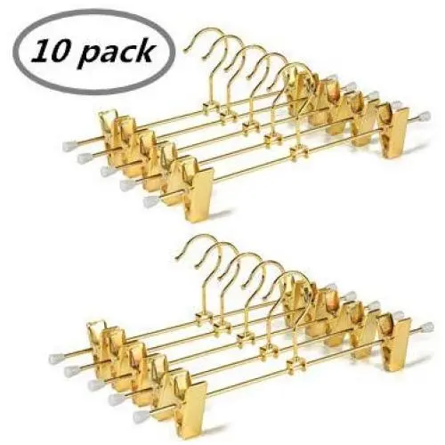 Amber Home 10 Pack-Shiny Gold Metal Slacks Pants and Skirt Hanger with Adjustable Clips Hang Rack with Hook (10)