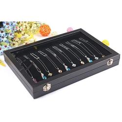 Wuligirl 20 Hooks Necklace Tray Storage Boxes Jewelry Display Stackable Glass Top Lockable Black Velvet Boxes(Necklace Box)