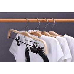 JS HANGER Natural Finish Wooden Pant Hangers with Anti-Rust Hook and 2-Adjustable Clips, 5-Pack