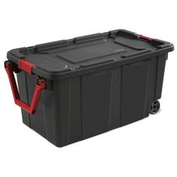 Sterilite 14699002 40 Gallon/151 Liter Wheeled Industrial Tote, Black Lid & Base w/ Racer Red Handle & Latches, 2-Pack