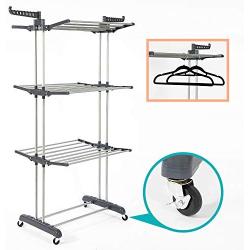 SUPJOO Clothes Drying Rack for Laundry 3 Tier,Rolling Garment Rack with Foldable Wings,Collapsable Standing Rack for Indoor/Outdoor,Heavyduty Stainless Steel Dryer Hanger Stand Rail - Gray (Gray)