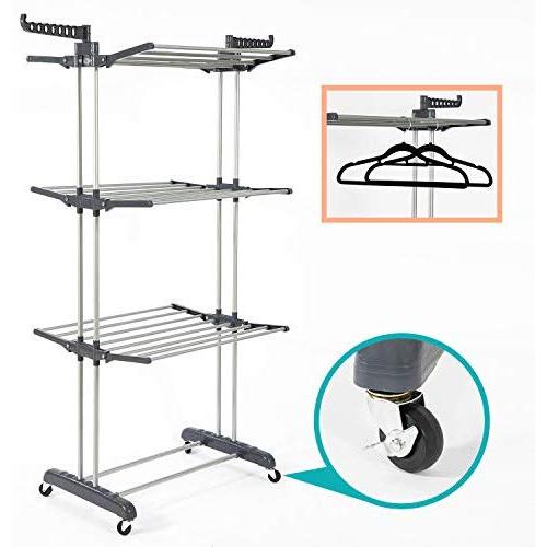 SUPJOO Clothes Drying Rack for Laundry 3 Tier,Rolling Garment Rack with Foldable Wings,Collapsable Standing Rack for Indoor/Outdoor,Heavyduty Stainless Steel Dryer Hanger Stand Rail - Gray (Gray)