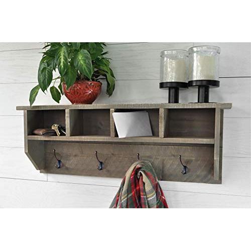 Rustic Barnwood Entryway Coat Hook Hanger with Shelf and Storage Cubbies
