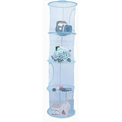 Leoyoubei 43 1/2" Hanging Mesh Storage Basket,4 Tier/Folding Basket/Wall Hanging Storage Baby Clothes Hangers,Toys or Store Gloves,Shawls, Hats and Mittens,Hang Bag Attaches Easily to Any Rod (Blue)