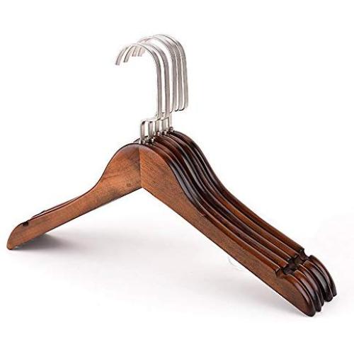 High-grade Solid Gugertree Wooden Wide Shoulder Coat Hanger, Retro Wood Clothes Hangers, Natural Finish & Pearl Nickel Polished Hook, 5-pack (32 x 1.2cm)