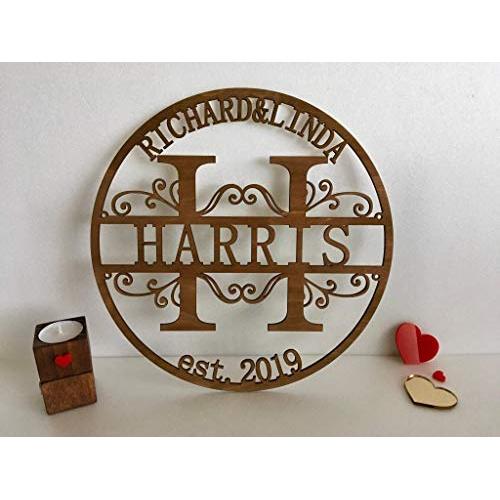 Custom Wood Family Last Name Sign Wooden Wedding Gift Initial Split Letter Laser Cut First Names Est Year Established Date Personalized Monogram Home Decor Front Door Hanger Wreath Housewarming Gift