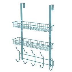 Neala Over The Door Hook 5 Double-Row Hooks & 2 Baskets Metal Shelf Hanger Door Hook 2 Tier Storage Rack for Coats, Towels, Bags (Aqua Blue)