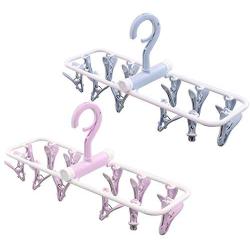 Creatiee 2 Pack Folding Portable Travel Clip, Drip Drying Hanger Rack with 12 Clips for Clothes Socks Underwear - Windproof & Space Saving (Light Blue + Light Purple)