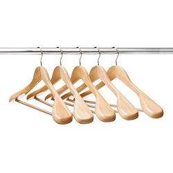 Ezihom Wood Suit Hangers with Extra Wide Shoulder, Solid Wood Coat Hangers with Natural Finish, Heavy Duty Wooden Hangers for Suit, Coat, Jacket with Non Slip Bar, 360 Swivel Chrome Hook, 5pcs