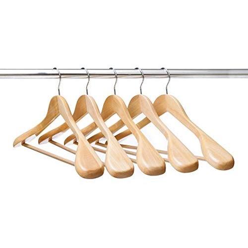 Ezihom Wood Suit Hangers with Extra Wide Shoulder, Solid Wood Coat Hangers with Natural Finish, Heavy Duty Wooden Hangers for Suit, Coat, Jacket with Non Slip Bar, 360 Swivel Chrome Hook, 5pcs