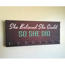 Race Medal Holder/Running Medal Hanger - SHE BELIEVED SHE COULD SO SHE DID. Wood Wall Mounted Medal Organizer