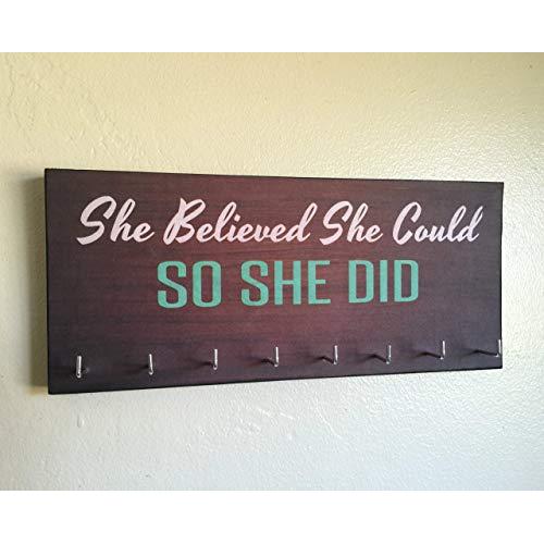 Race Medal Holder/Running Medal Hanger - SHE BELIEVED SHE COULD SO SHE DID. Wood Wall Mounted Medal Organizer