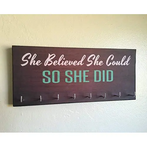 Race Medal Holder/Running Medal Hanger - SHE BELIEVED SHE COULD SO SHE DID. Wood Wall Mounted Medal Organizer
