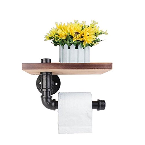 Industrial Toilet Paper Holder with Wooden Shelf Metal Wall Storage Iron Pipe Missingift Tissue Roll Hanger (Single Faced)