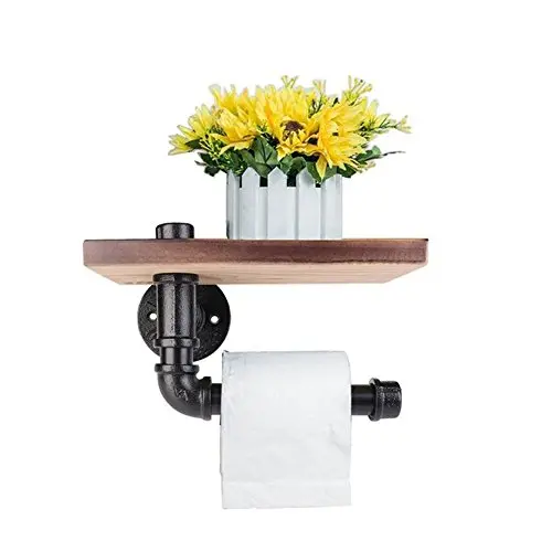 Industrial Toilet Paper Holder with Wooden Shelf Metal Wall Storage Iron Pipe Missingift Tissue Roll Hanger (Single Faced) Industrial Toilet Paper Holder with Wooden Shelf Metal Wall Storage Iron Pipe Missingift Tissue Roll Hanger (Single Faced)