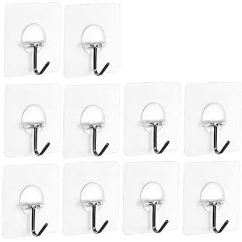Rulaii Adhesive Wall Hooks (Max: 15lb) - Powerful Transparent Reusable Heavy Duty Sticky Ceiling Wall Hooks for Kitchen Bathroom (10 pcs)