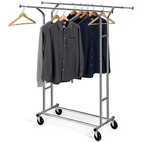 Bextsware Clothes Garment Rack, Commercial Grade Clothes Rolling Heavy Duty Storage Organizer on Wheels with Adjustable Clothing Rack, Holds up to 250 lbs, Chrome (Two Heads)