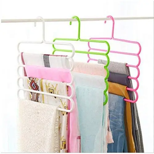 5pcs Radom Color Multi-Functional Five-Layer Anti-Slip Hanger Simply Durable Candy Color Storage Hanger Clothes Storage Tool