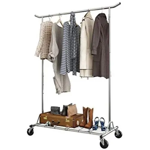 LANGRIA Heavy Duty Rolling Commercial Single Rail Clothing Garment Rack with Wheels Height Adjustable Collapsible Clothes Rack Max Load Capacity 143.5 lbs. for Bedroom Dressing Room Store (Chrome) LANGRIA Heavy Duty Rolling Commercial Single Rail Clothing Garment Rack with Wheels Height Adjustable Collapsible Clothes Rack Max Load Capacity 143.5 lbs. for Bedroom Dressing Room Store (Chrome)