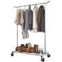 LANGRIA Heavy Duty Rolling Commercial Single Rail Clothing Garment Rack with Wheels Height Adjustable Collapsible Clothes Rack Max Load Capacity 143.5 lbs. for Bedroom Dressing Room Store (Chrome)