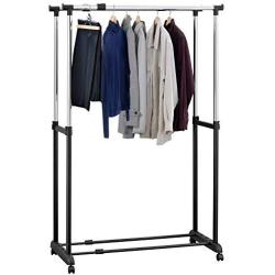 Modern Double Rail Garment Storage Rack, Expandable Rolling Clothes Hanger, Black