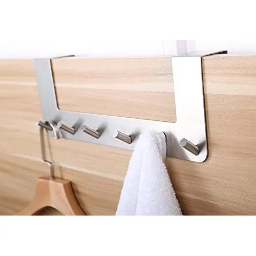 eoocvt Stainless Steel Over The Door Hook Organizer Rack - Space Saving Hanger, 6 Hooks, Brushed Nickel