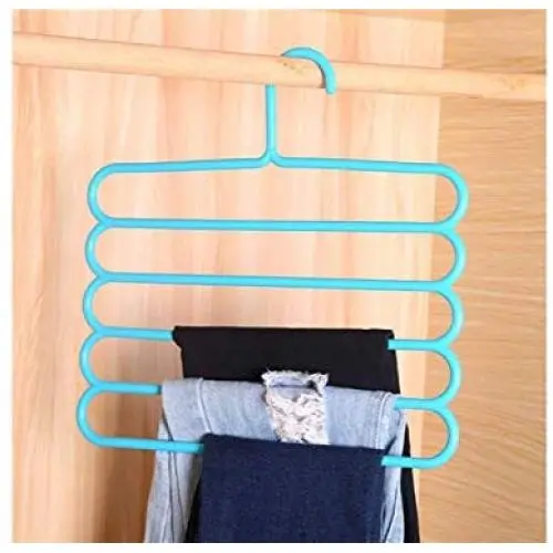 Junson Suit Hanger Multifunctional Five-Layer Pants Rack Drying Rack Candy Color Plastic Tie Storage Rack(Blue) Clothes Hanger