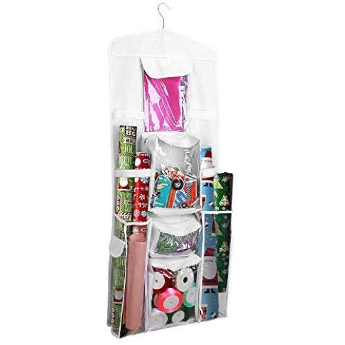 Procase Gift Wrap Organizer, Double-Sided Hanging Gift Bag Wrapping Paper Rolls Storage Holder Space Saving Closet Gift Bag Organizer for Bows Ribbon Gift Wrapping Accessories -White