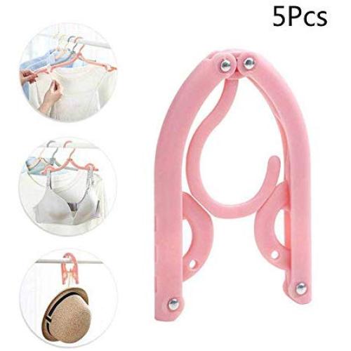 Walfiner 5Pcs Travel Hangers, Portable Folding Clothes Hangers for Travel & Home Use (Pink)