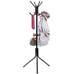 Free-Standing Coat Rack Metal Stand - Hall Tree Entry-Way Furniture Best for Hanging Up Jacket, Purse, Hand-Bag, Cloth, Hat, Winter Scarf Holder - Home or Office Floor Hanger 12-Hooks Organizer, Black